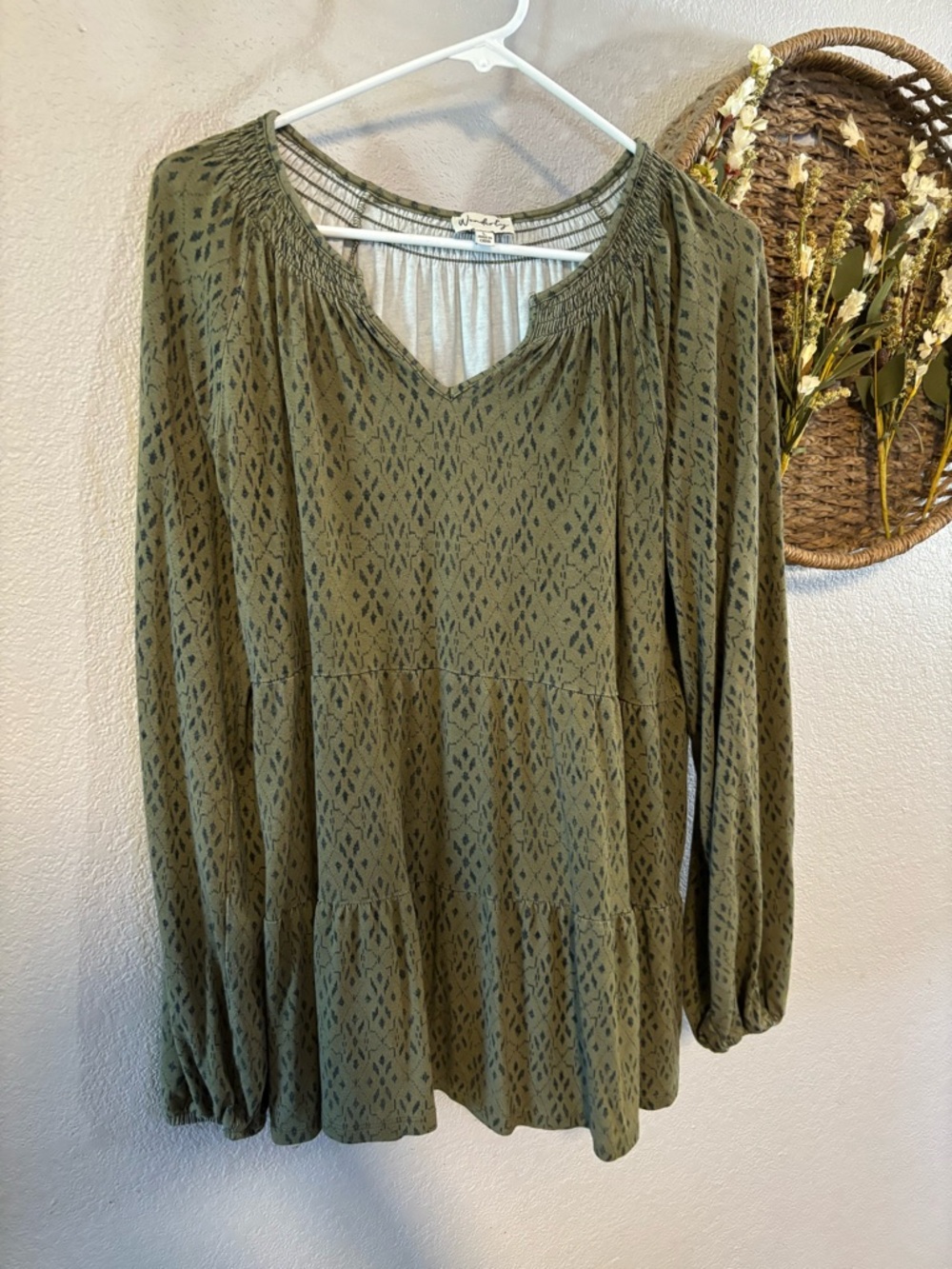 Wonderly Olive Green Long Sleeve Tiered Peasant Tunic